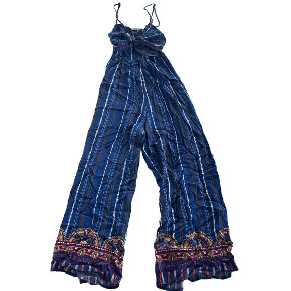 Flying Tomato Jumpsuit Womens X Small Blue Striped Boho Open Back Wide Leg - Picture 2 of 10